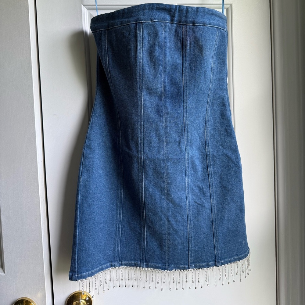 Blue Denim Dress with Beaded Hem